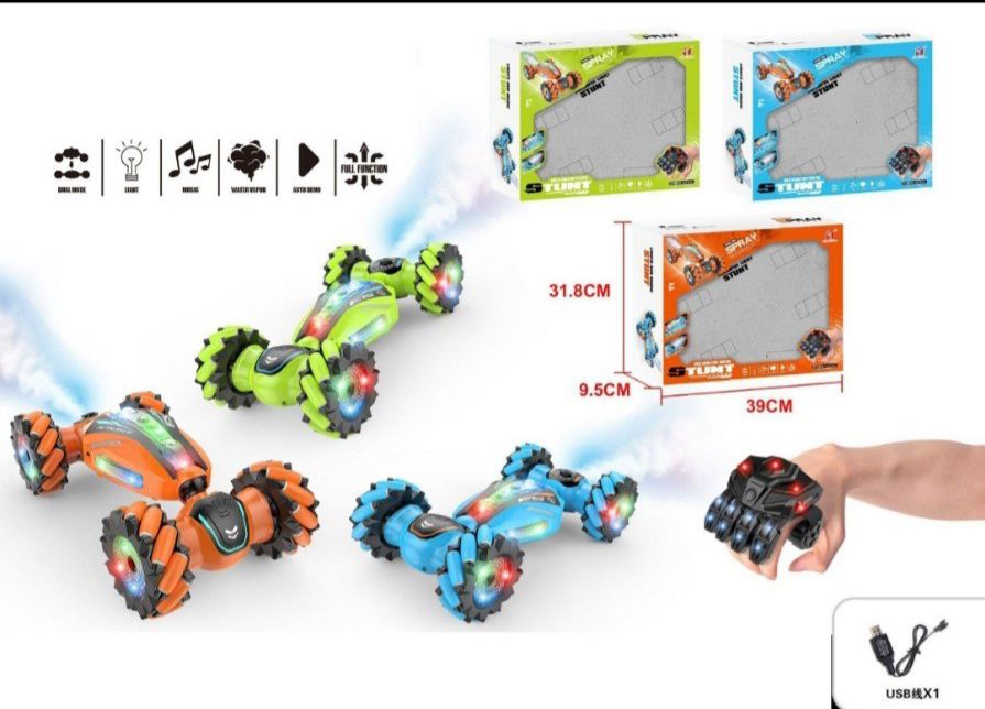 Gesture Controlled RC Stunt Car with Hand Remote, Spray, LED Lights & Music